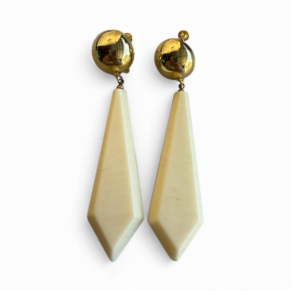 Vintage 80s Cream & Gold Geometric Drop Clip-On Earrings